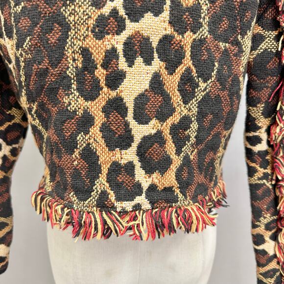 Vintage Cache Leopard Print Woven Fringe Bolero Blanket Jacket Size Small Cotton - Picture 10 of 16